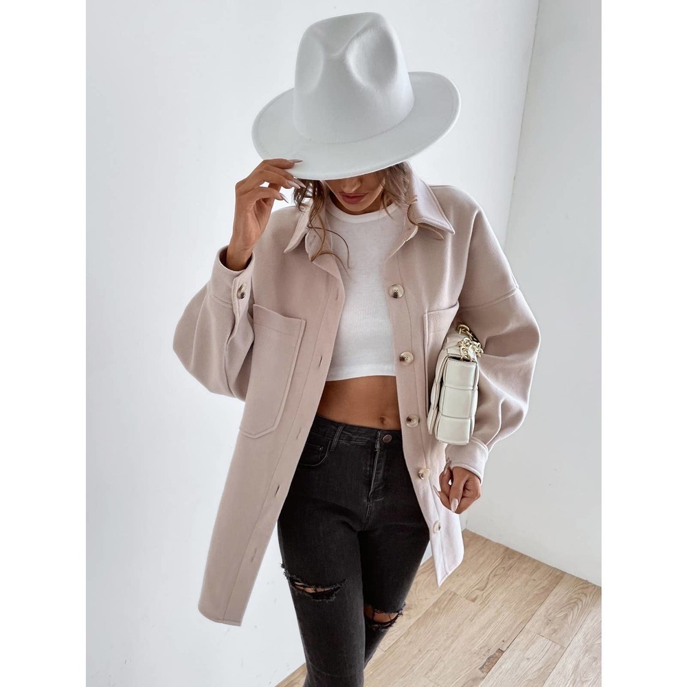 Drop Shoulder Pocket boyfriend shacket oversized jacket Coat cream tan - Picture 1 of 8